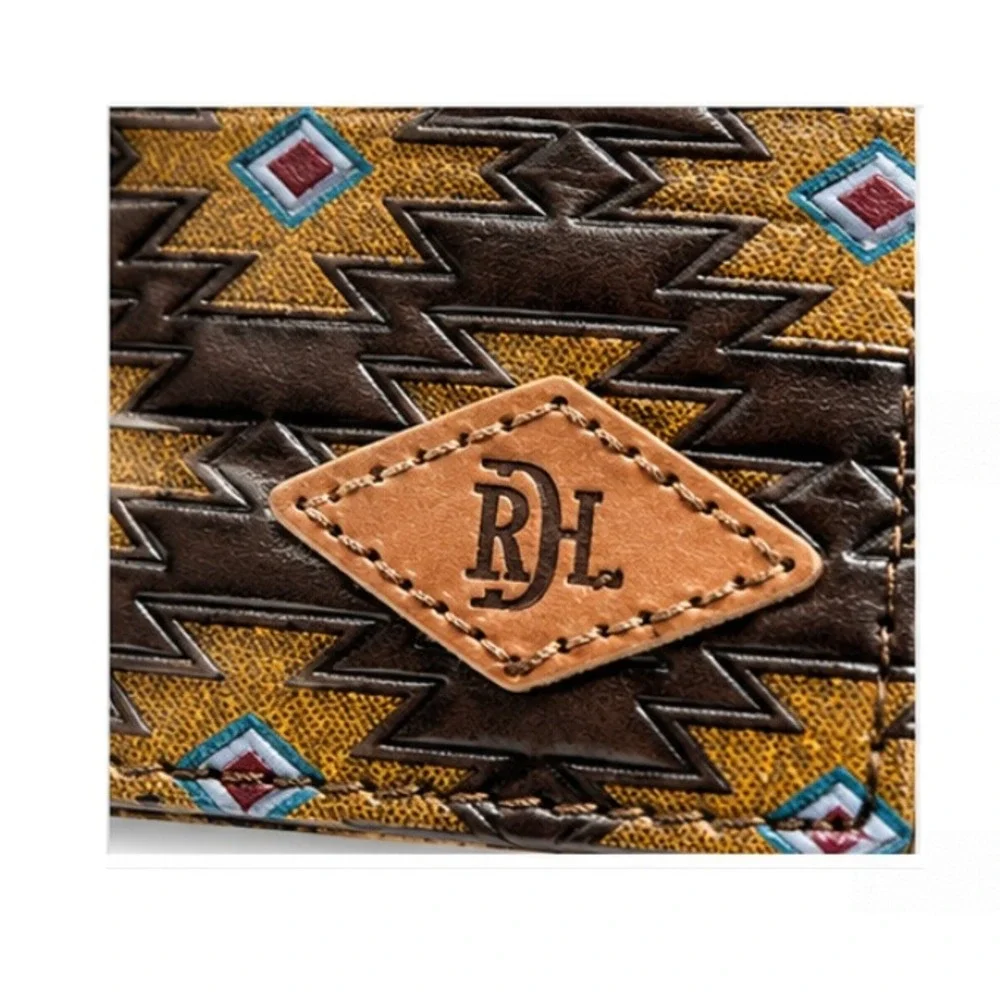 New Red Dirt Hat Co Genuine Leather Aztec Western Bifold Slim Wallet Brown Rodeo